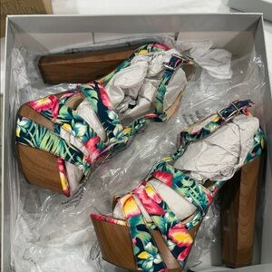 Floral Platform Block Heel Sandals - Multi